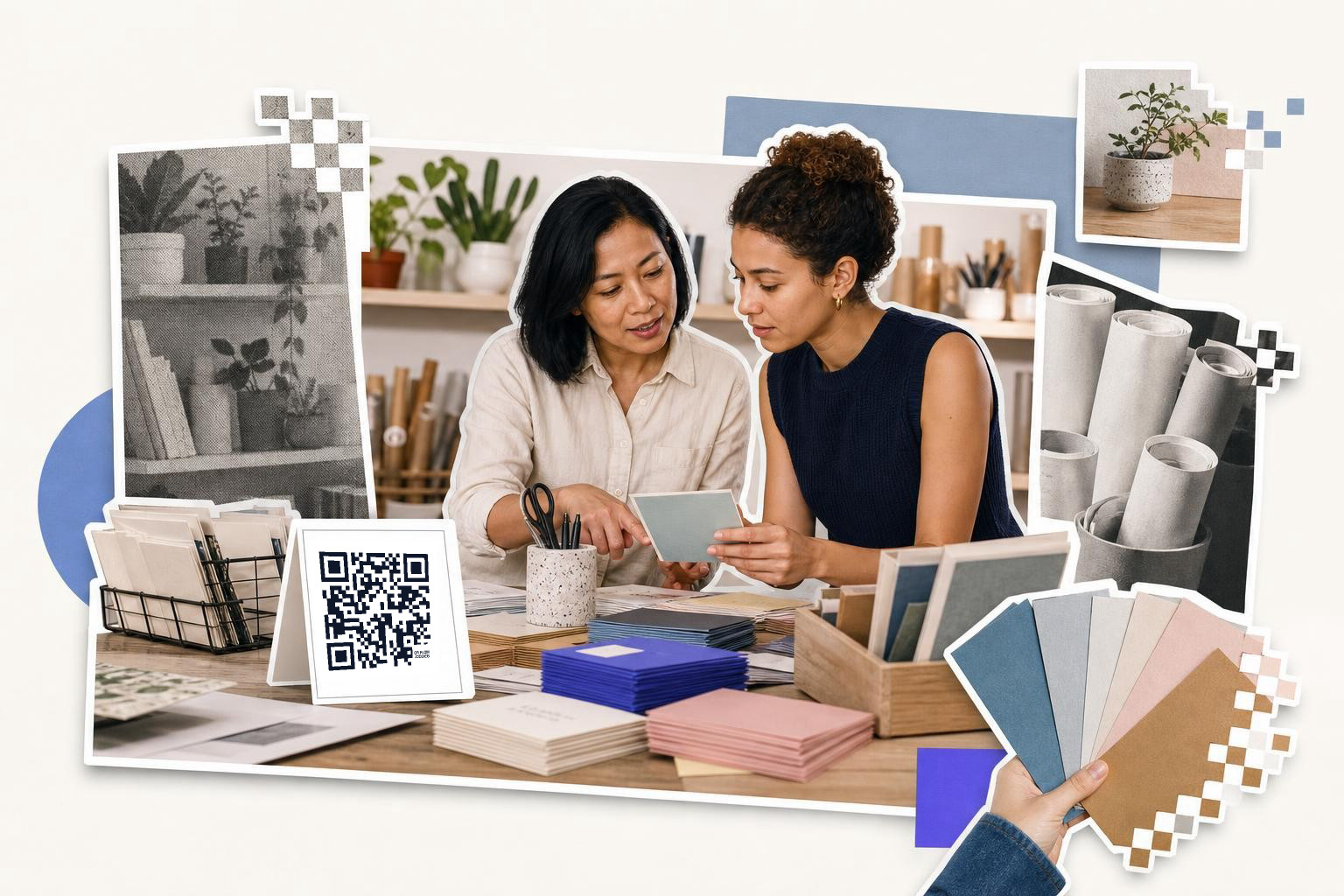 Two women at a table discussing a card with a QR code nearby, surrounded by stationery and plants.