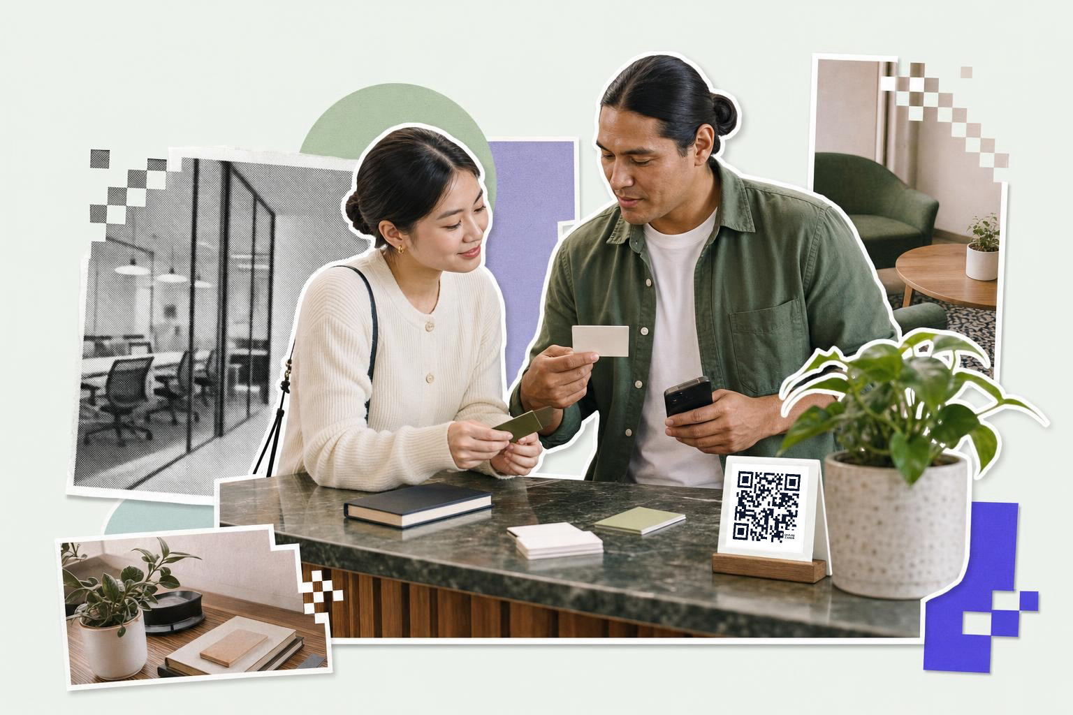 Two people at a counter exchanging cards with a free vcard QR code generator sign nearby.