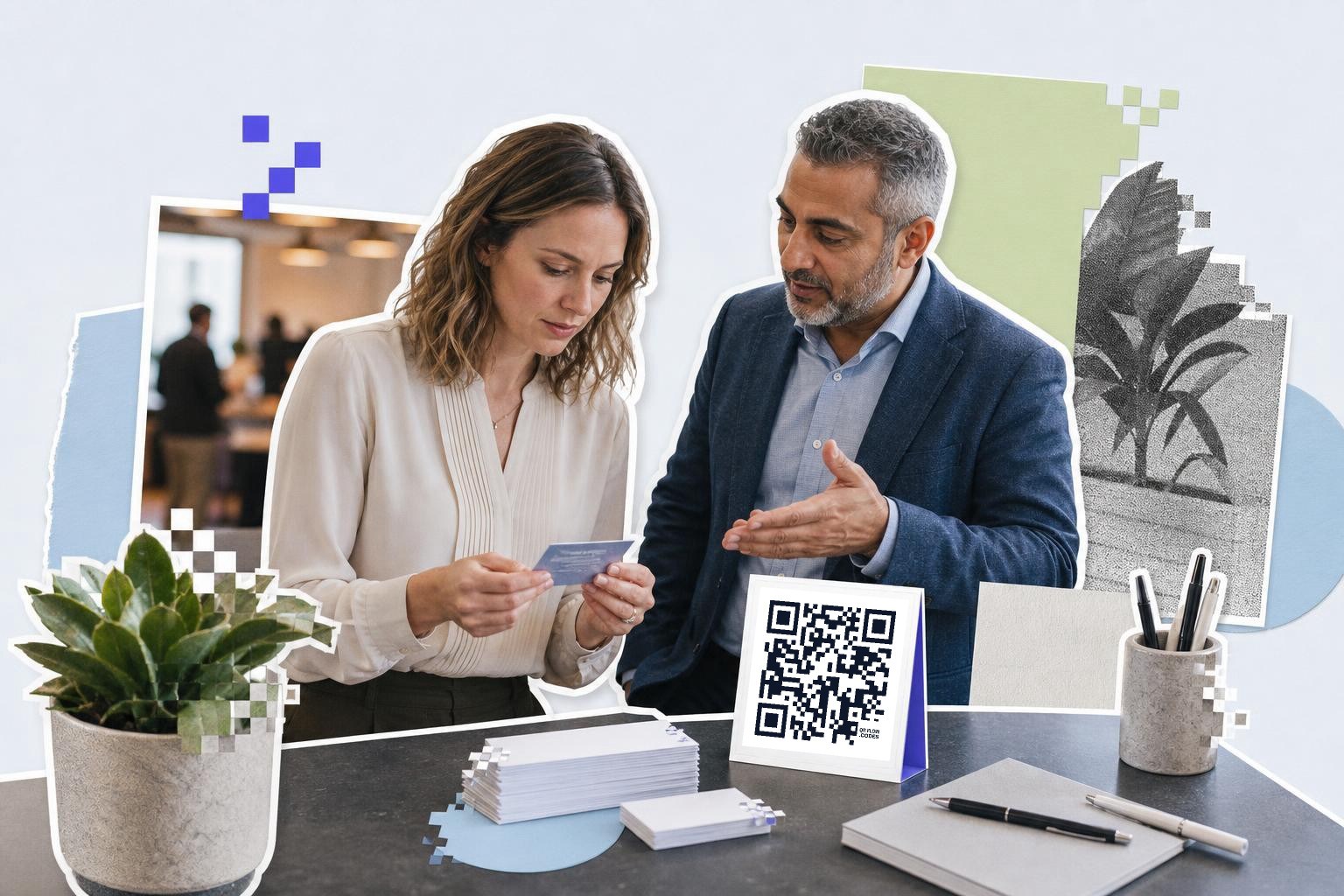 Two people discussing a card at a table with a QR code sign and office supplies.