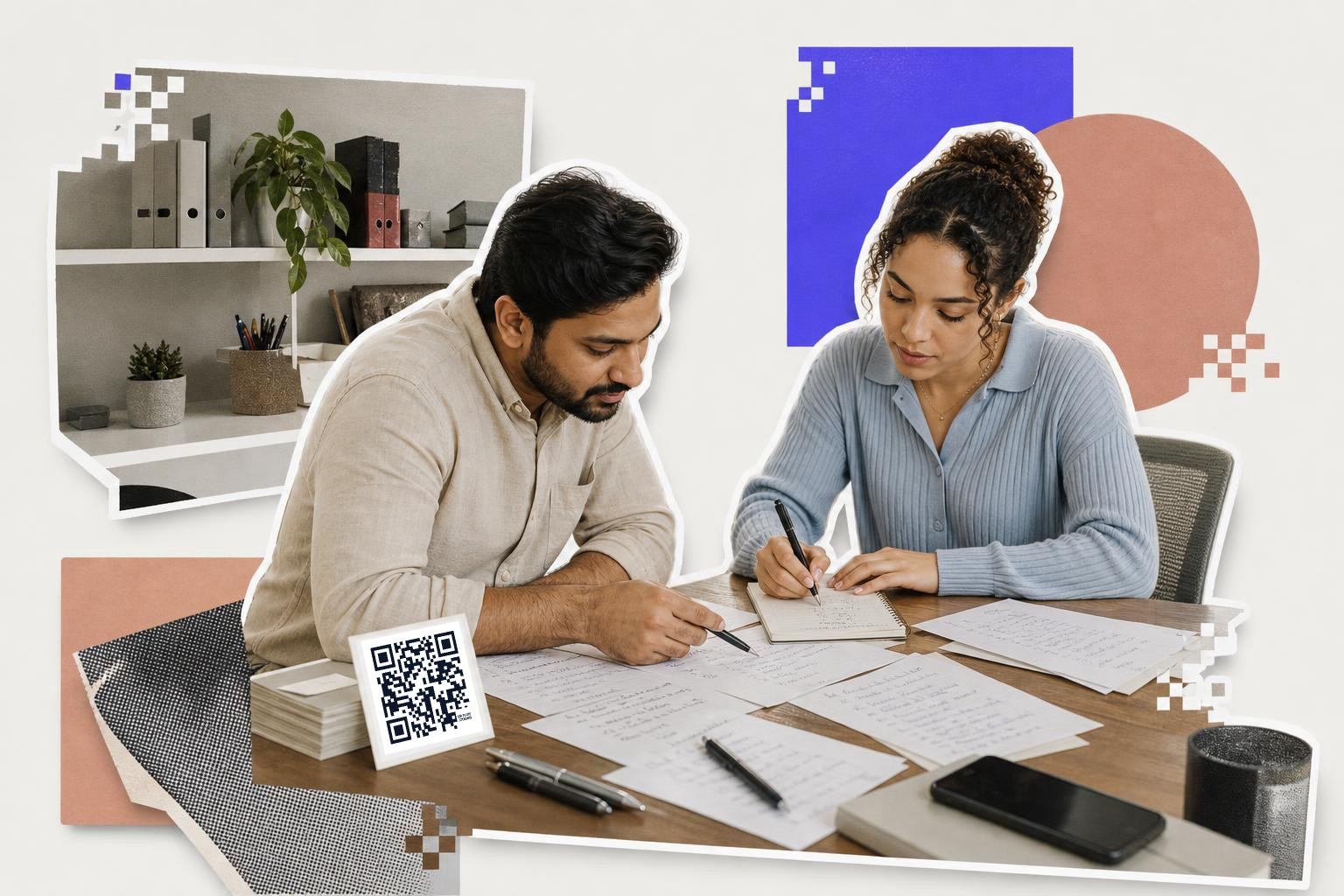 A man and a woman are sitting at a table, discussing notes and writing, with a printed card holding a QR code nearby.