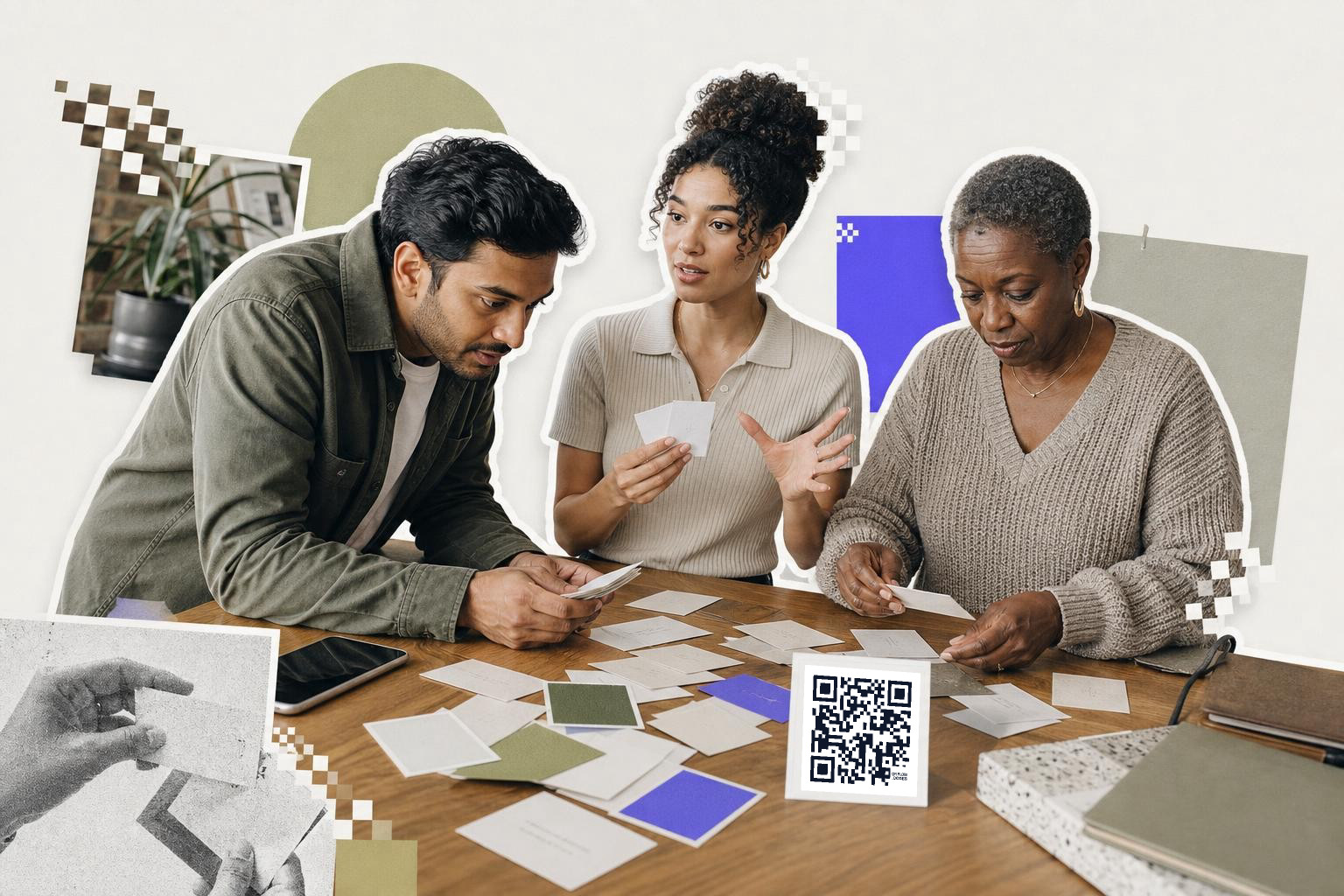 Three people are seated at a table, discussing printed cards while one holds a card with a QR code.