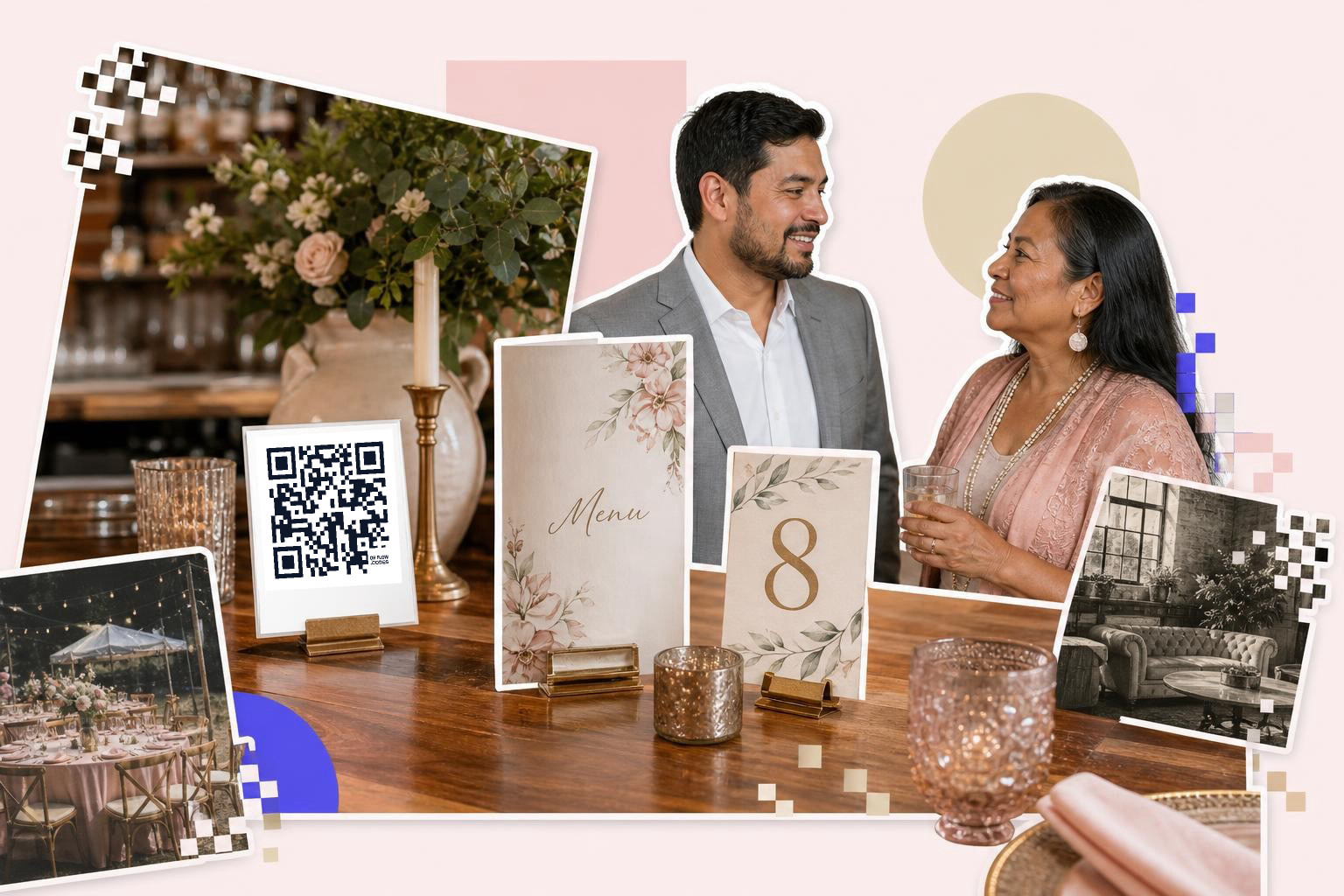 A couple smiling at each other near a table with a QR code and floral decor.