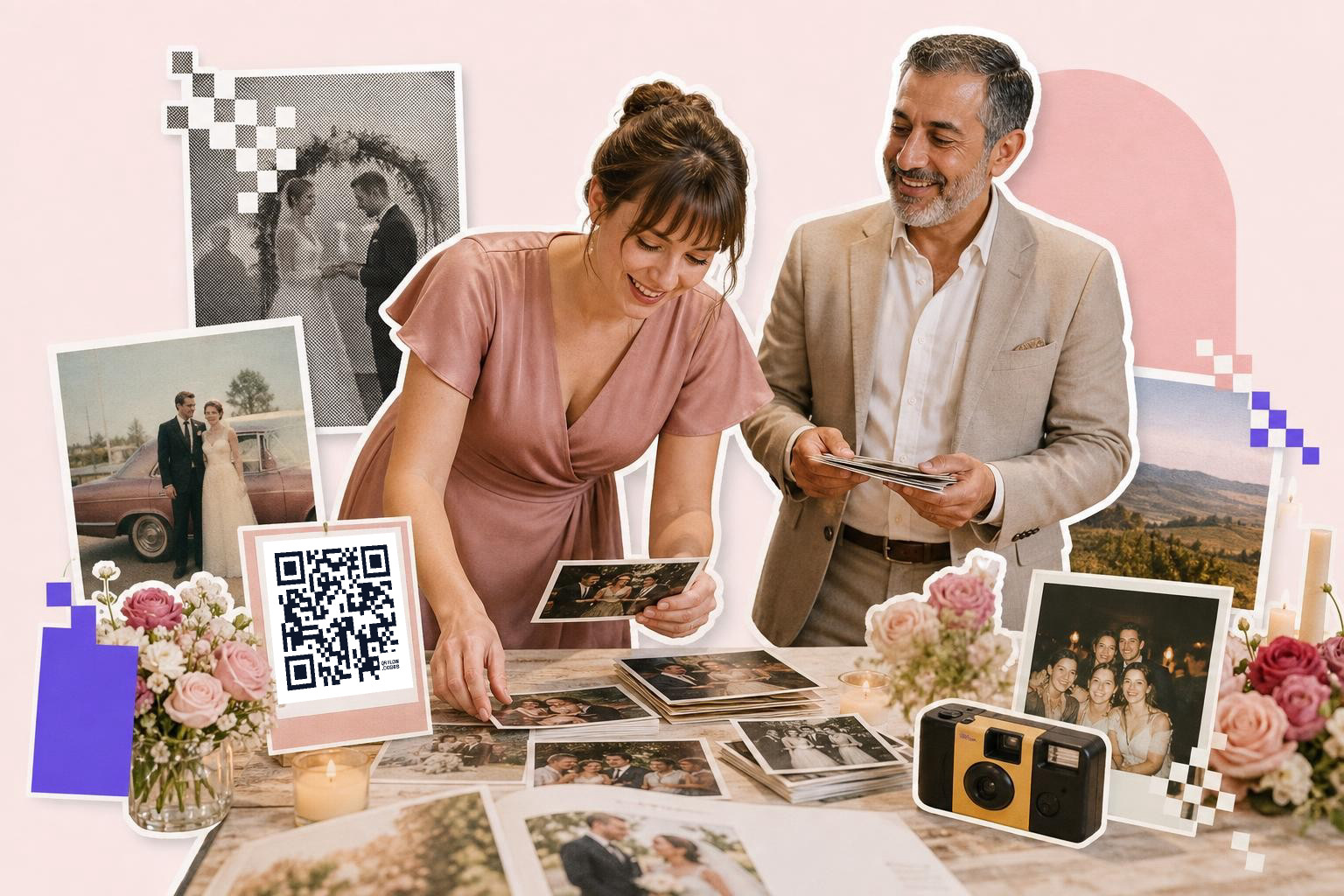 Two people looking at wedding photos on a table with a QR code card and flowers.