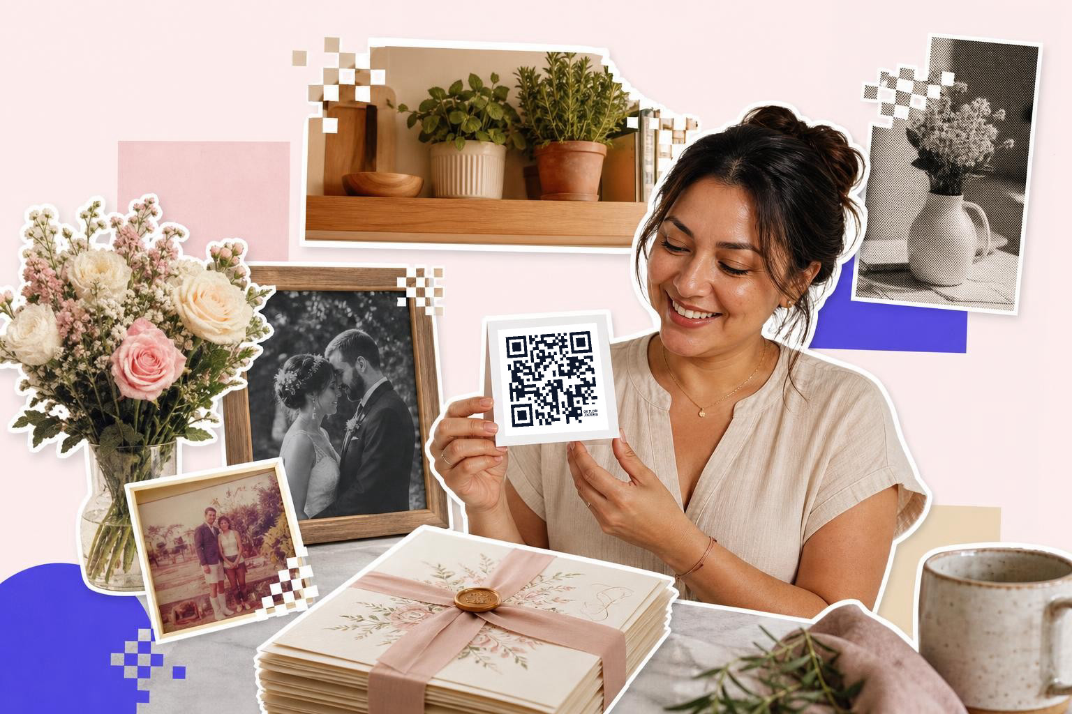 Smiling woman holding a QR code card surrounded by flowers, framed photos, and a stack of invitations.