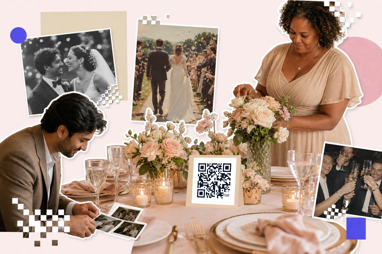 A woman arranges flowers on a table with a QR code card and wedding photos around.