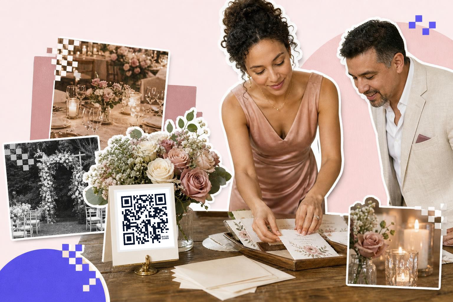 A woman and man look at floral invitations on a table with a QR code and flowers.