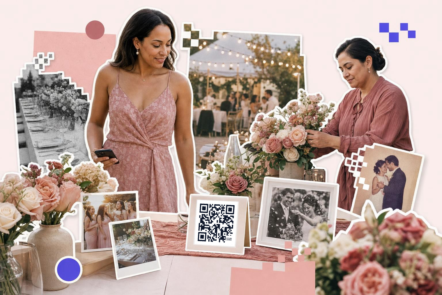 Two women arranging flowers at a wedding with a QR code for wedding photos on a table.