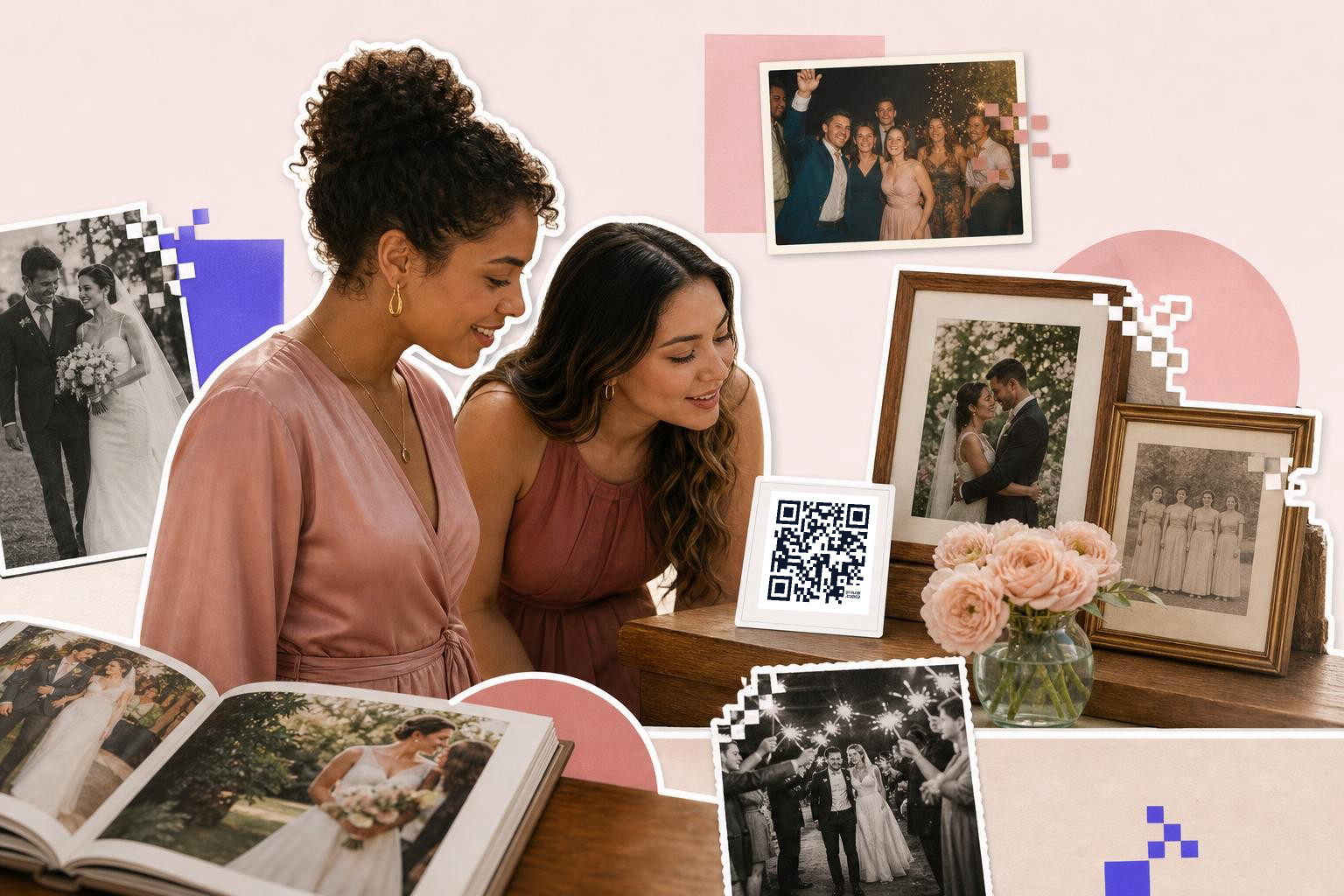 Two women in pink dresses look at a wedding photo album with framed photos and a QR code nearby.