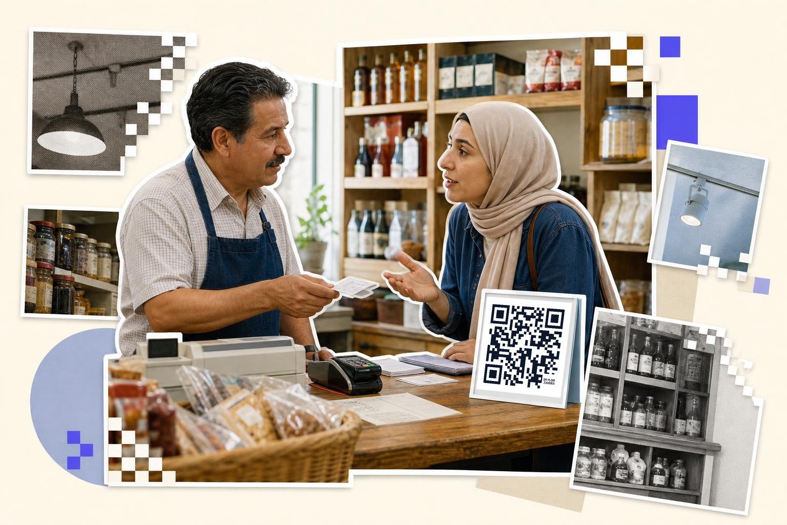 Man and woman talking at a store counter with a QR code card displayed.