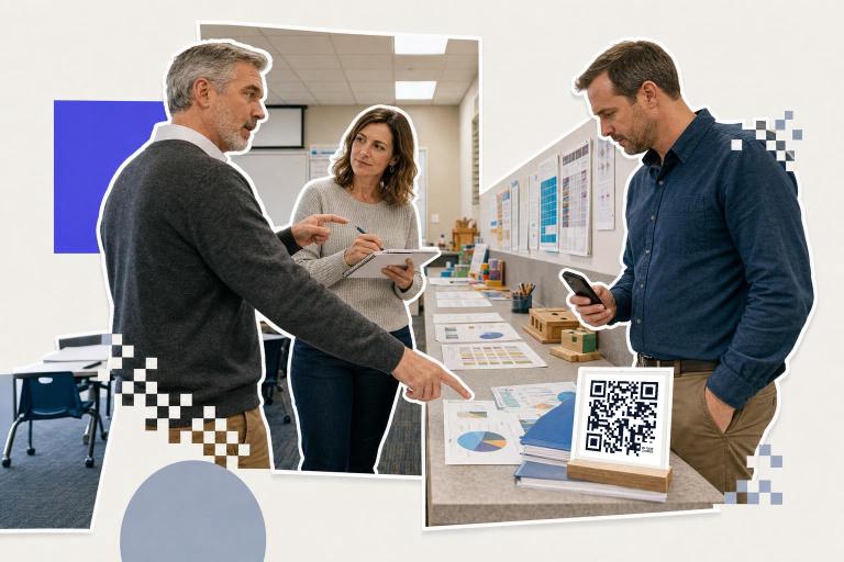 Three people in an office discuss charts on a table with a QR code card labeled 'for flow codes'.