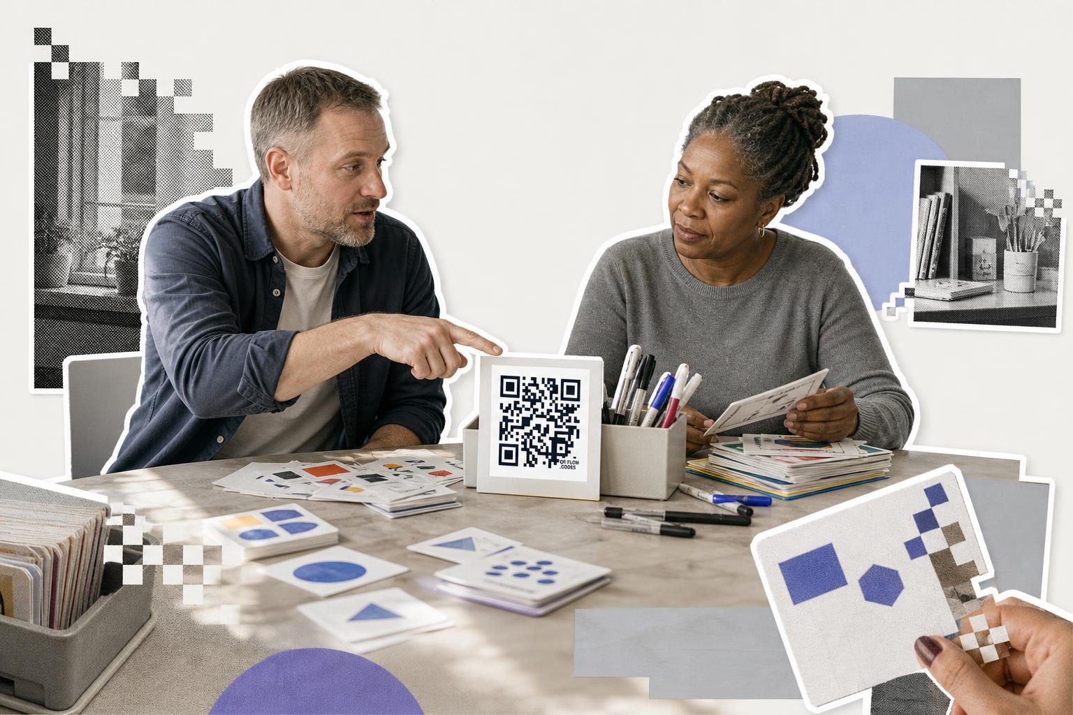 Two people at a table with a QR code card and various design materials.