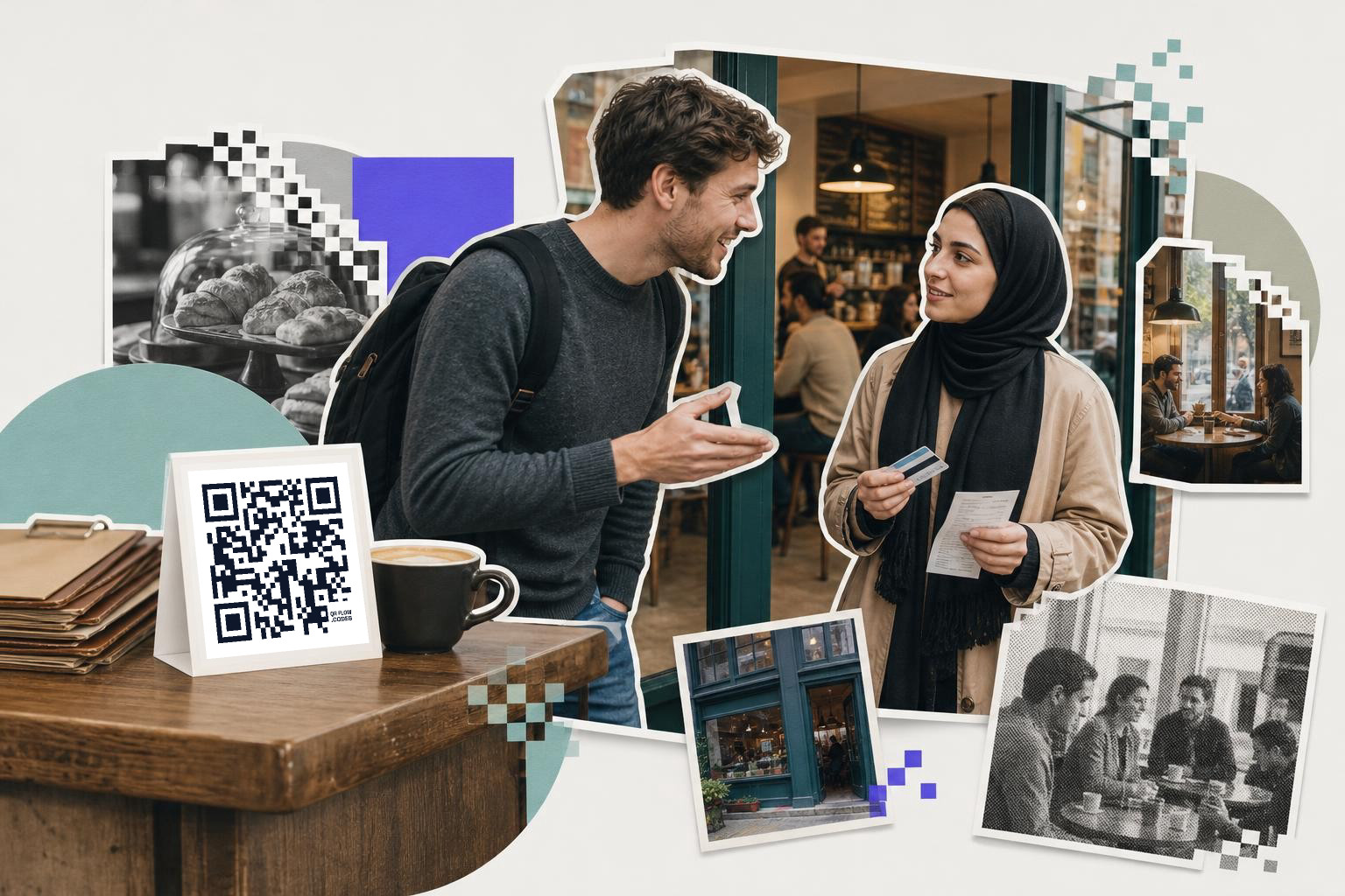 Two people talking outside a cafe, one holding a card, with a QR code on a table nearby.