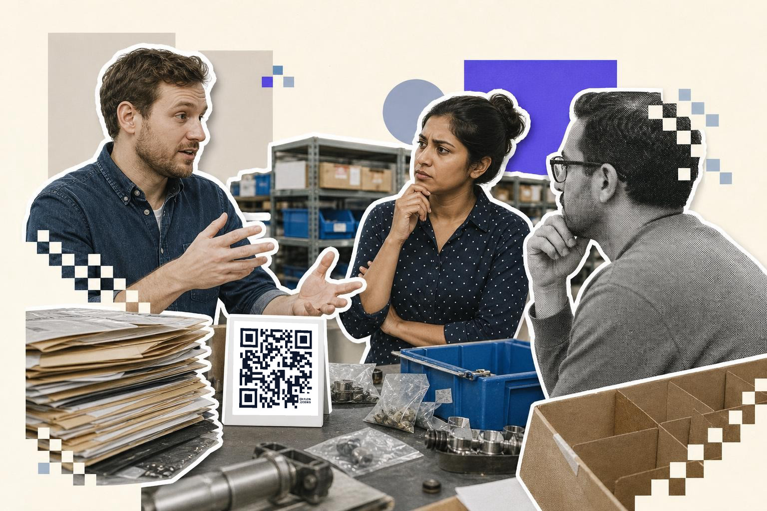 Three people in a warehouse discuss over a table with a QR code card and documents.