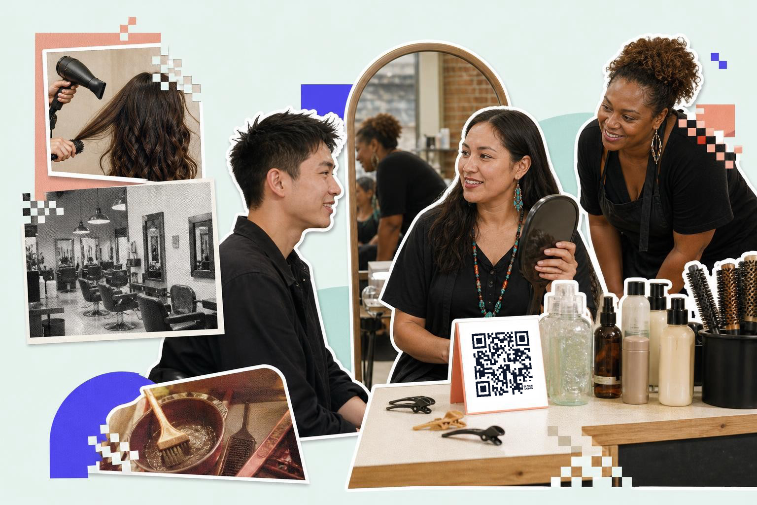 Two hairstylists and a client in a salon with a QR code on the counter.
