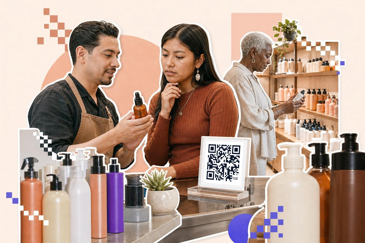 Man showing a bottle to a woman in a store with a QR code on the counter.