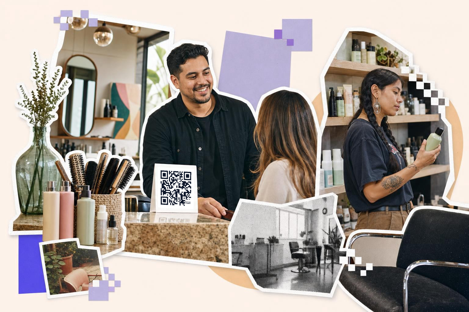 People in a salon with QR code for salon promotions on the counter, surrounded by hair products and decor.