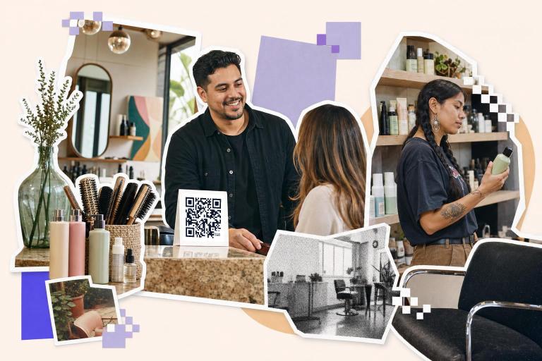 People in a salon with QR code for salon promotions on the counter, surrounded by hair products and decor.