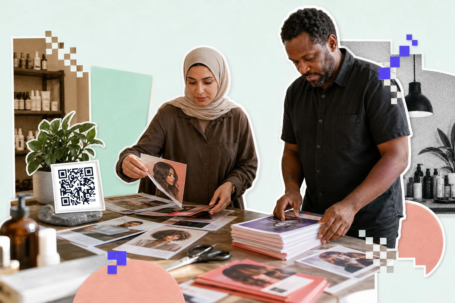 Two people sorting through printed photos on a table with a QR code displayed nearby.