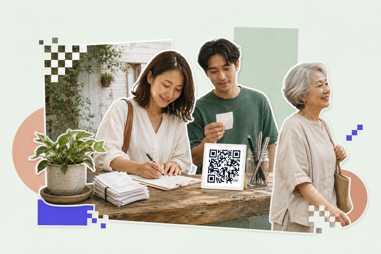 Three people at a wooden counter with a QR code card and a potted plant.