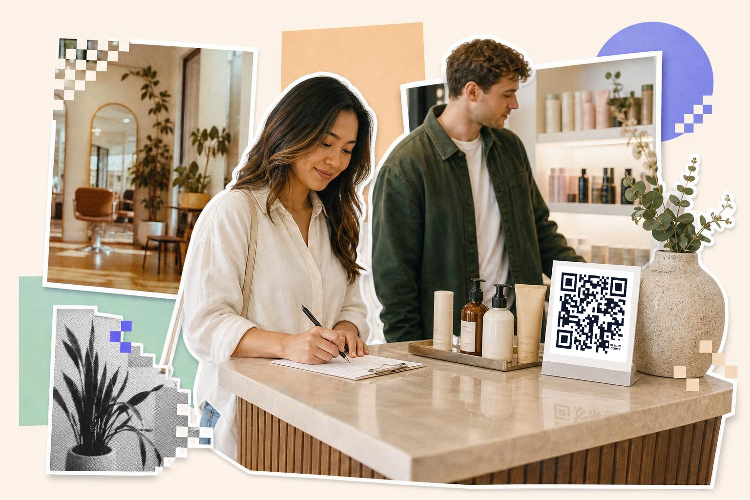 Woman writing at counter with QR code sign, man browsing shelves, salon interior in background.