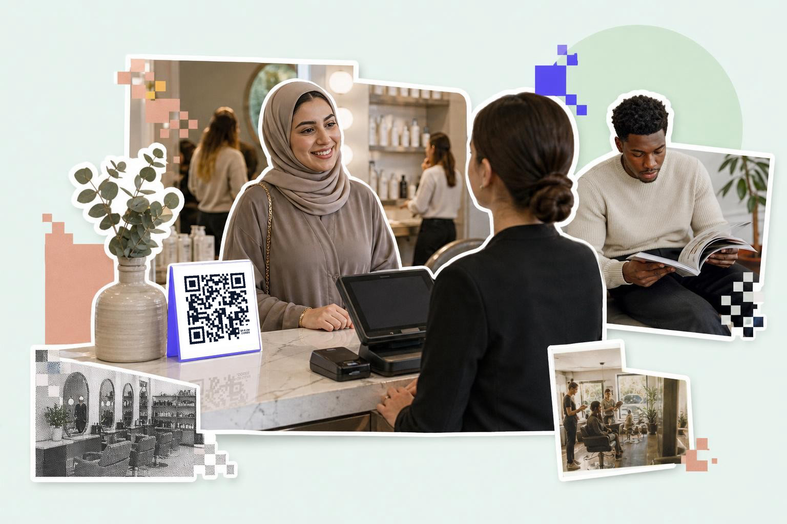 Two women at a counter with a QR code card, a man reading, and salon images around them.