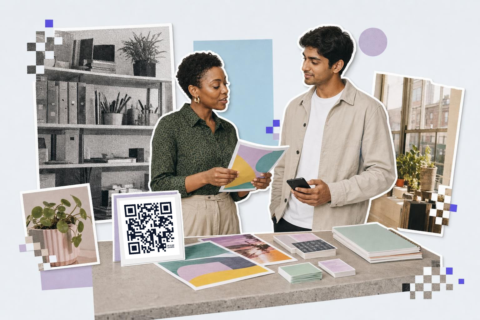 Two people discuss colorful papers at a table with a QR code card labeled for flow codes.