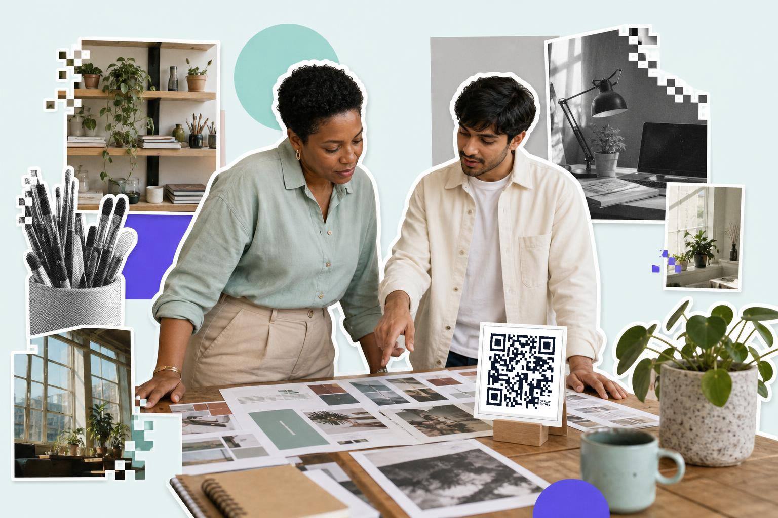 Two people discussing documents on a table with a QR code card and various plant images around.