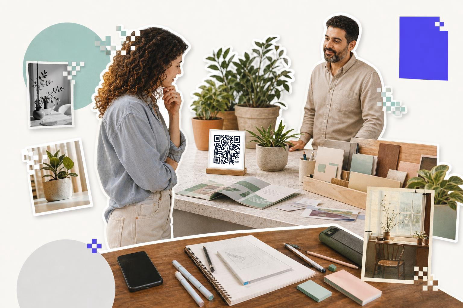 A man and woman discuss plants and design in a bright workspace, with a printed card featuring a QR code on the table.