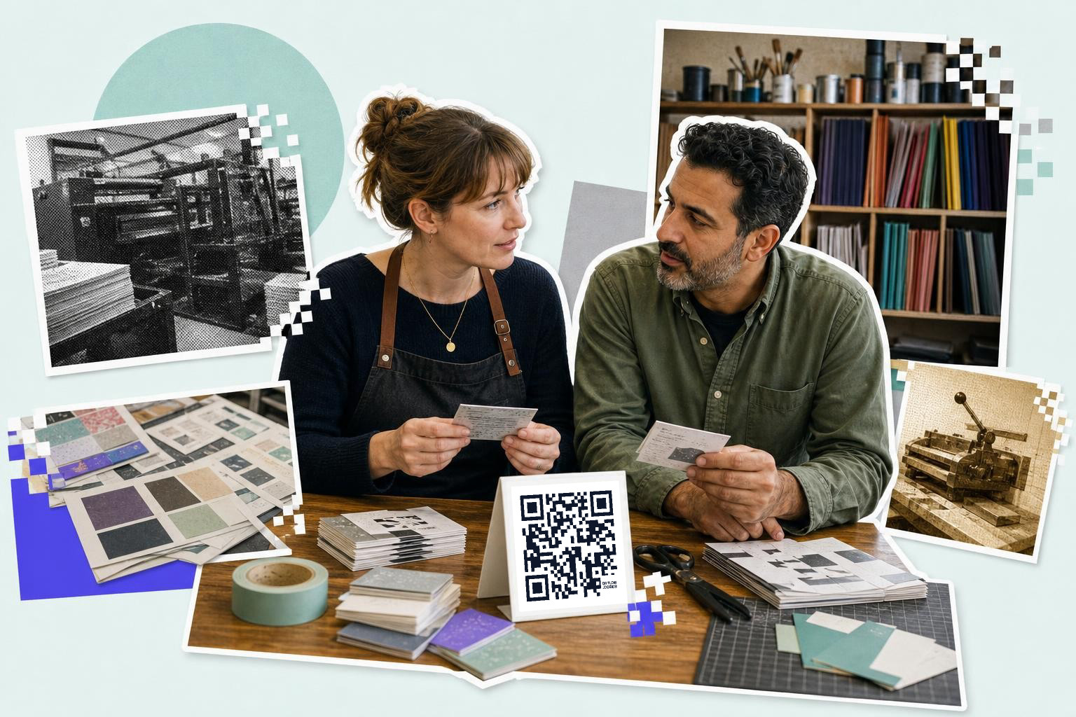 A woman and a man sit at a table discussing printed cards with a QR code, surrounded by design materials and images.