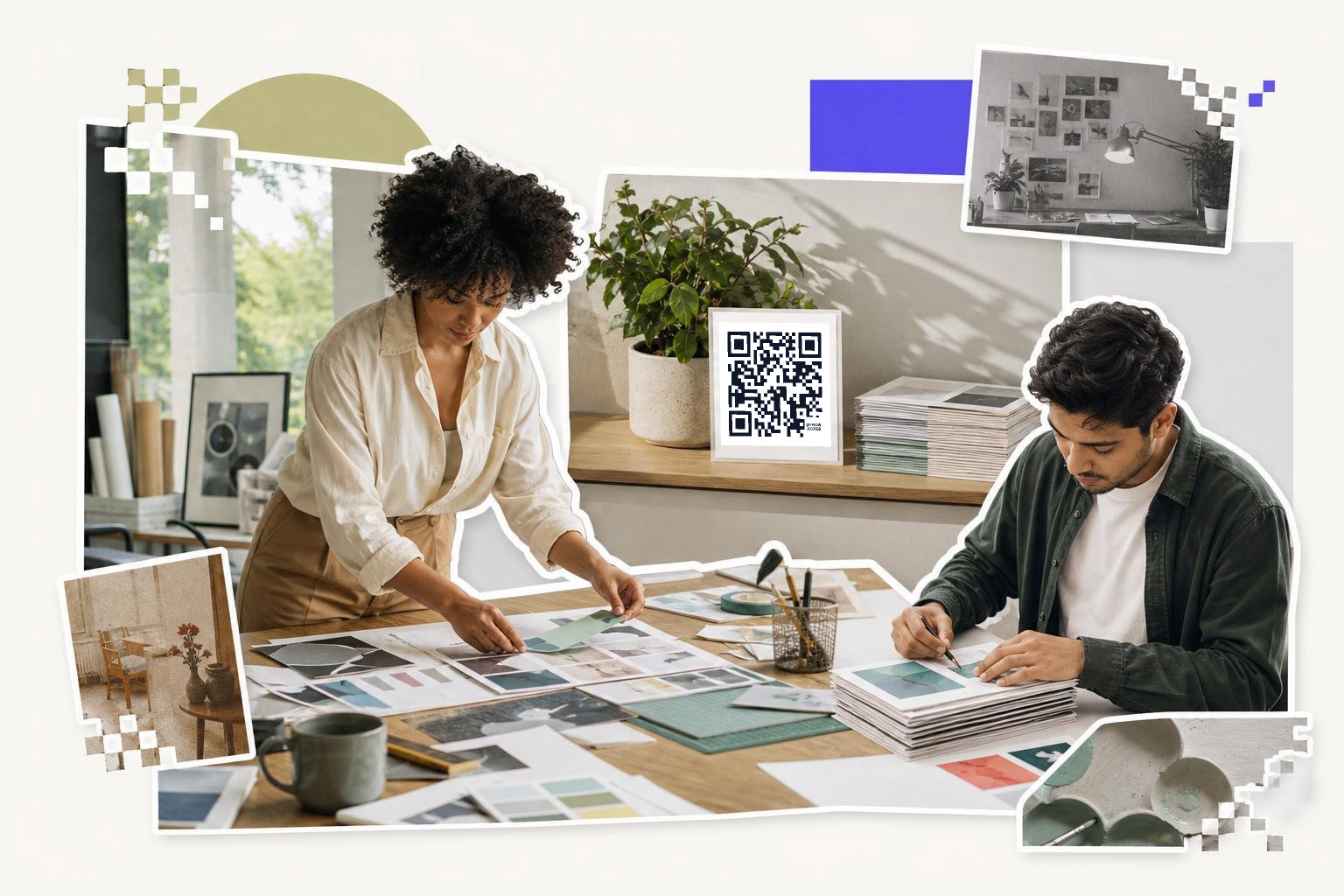 Two people working on design projects at a table with a QR code on a card nearby.
