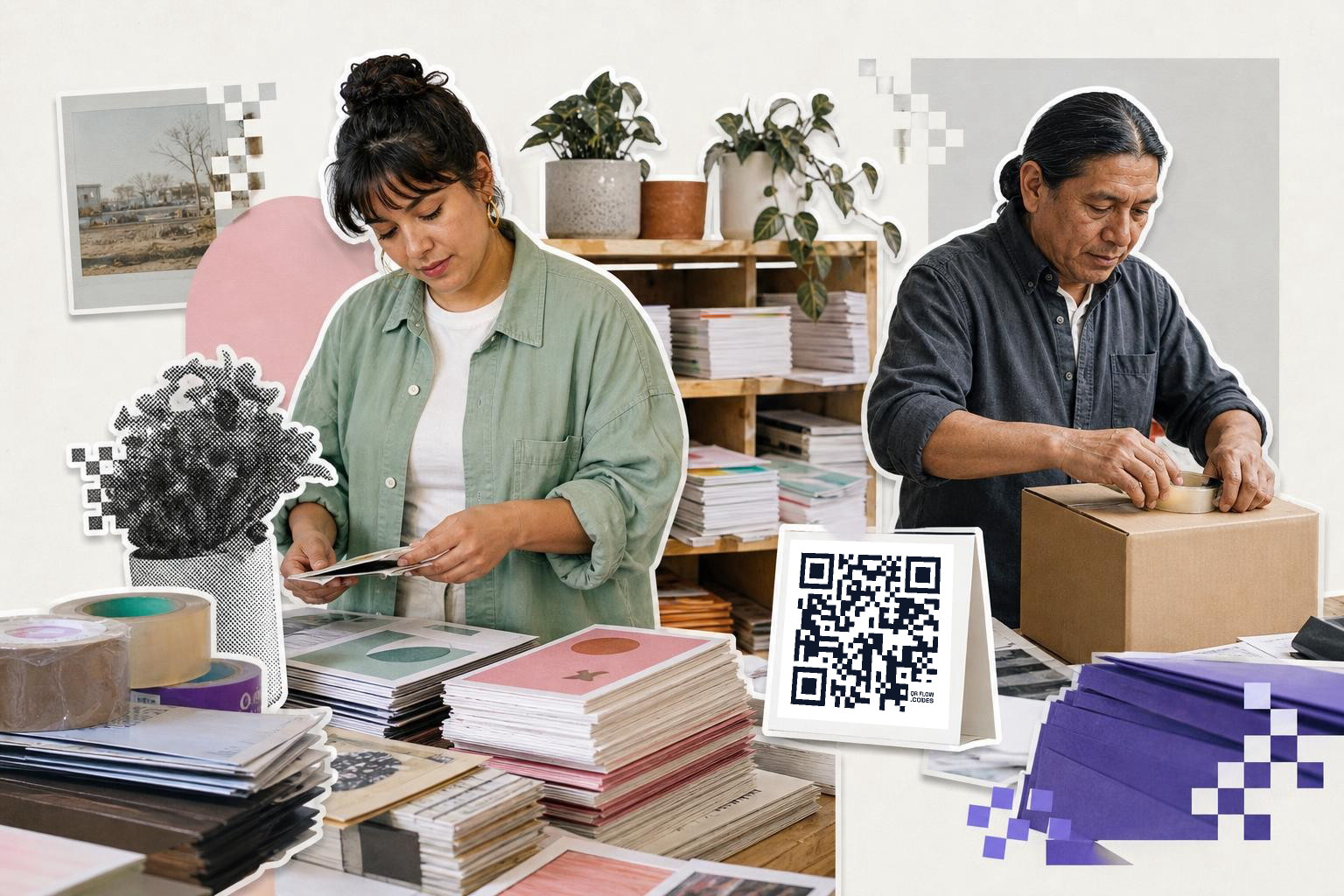 Two people working with paper products and a QR code card on a table in a studio.