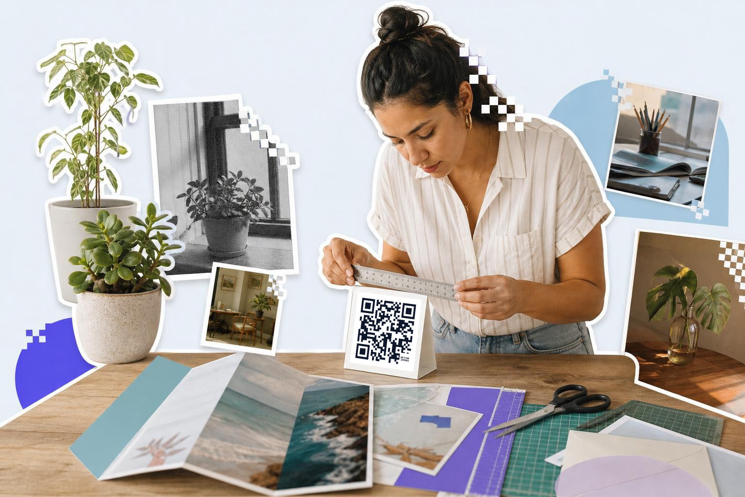 Woman measuring a card with a QR code at a table with plants and photos around.