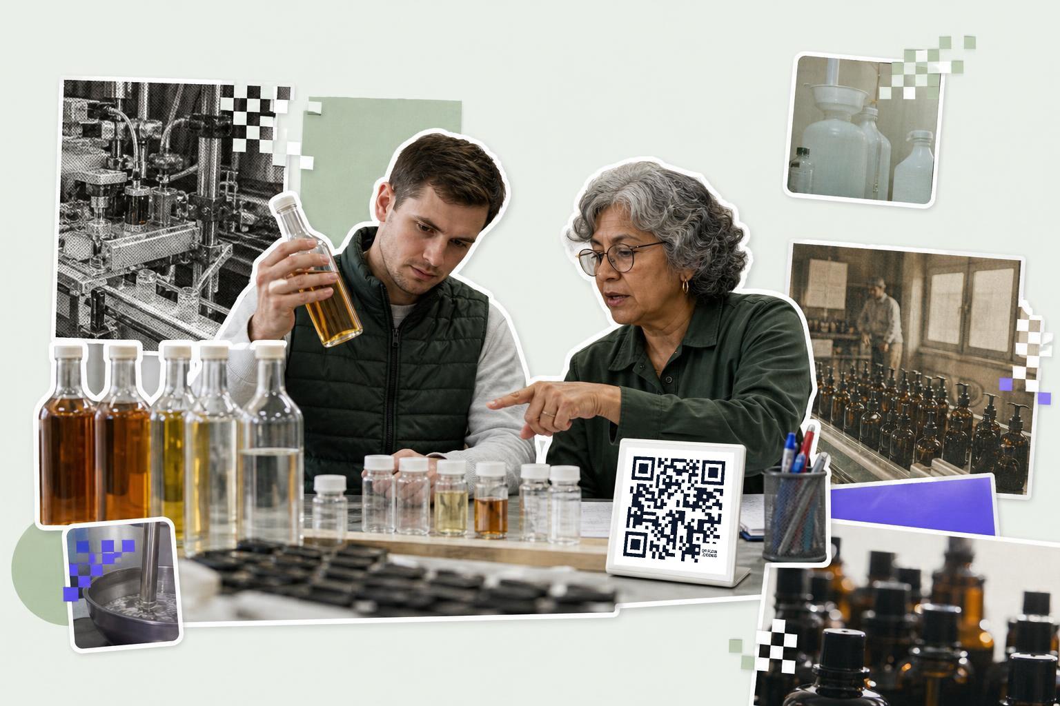 Two people examining bottles at a table with a QR code card and various industrial images.