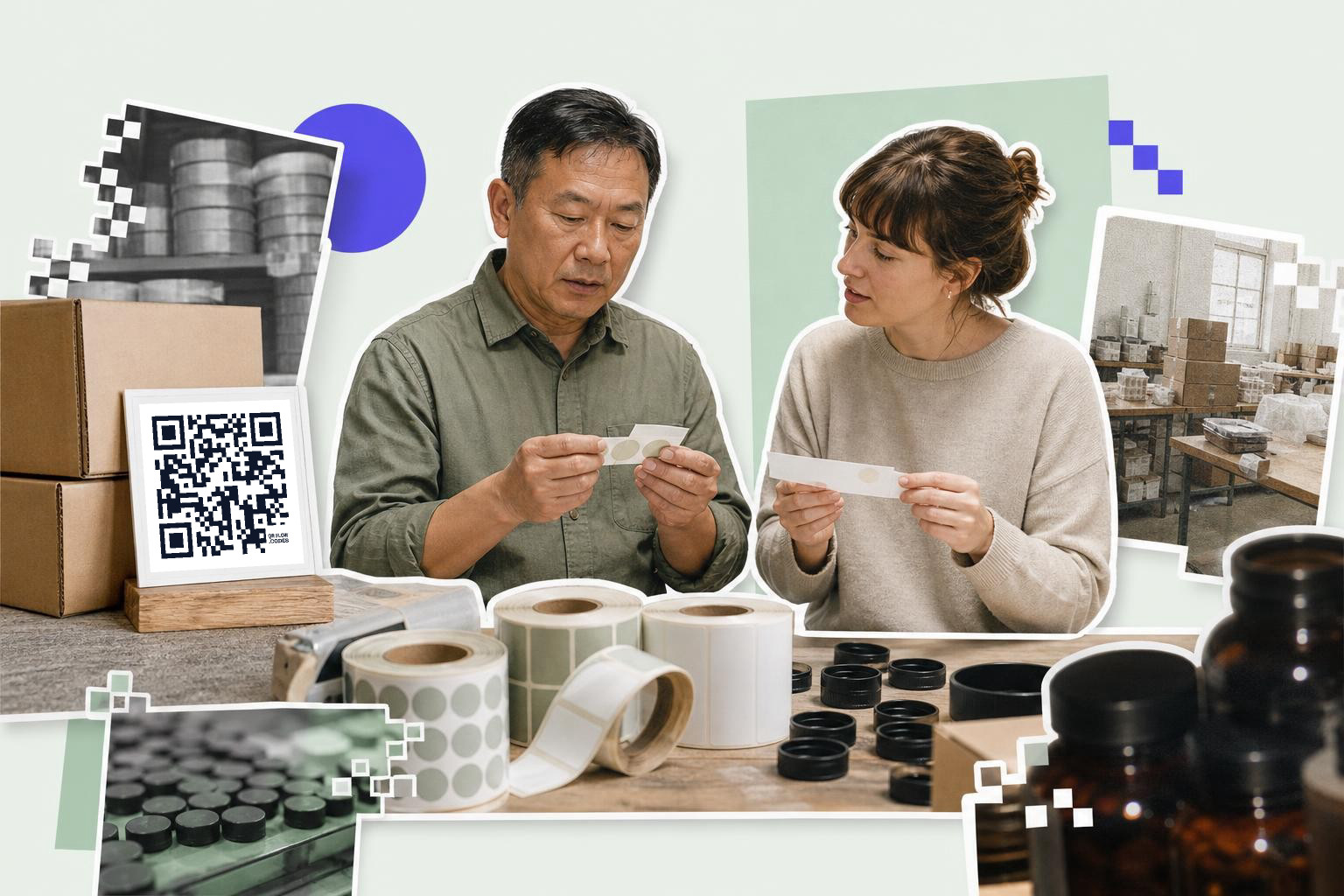 Two people examining labels at a table with rolls of stickers and a QR code nearby.