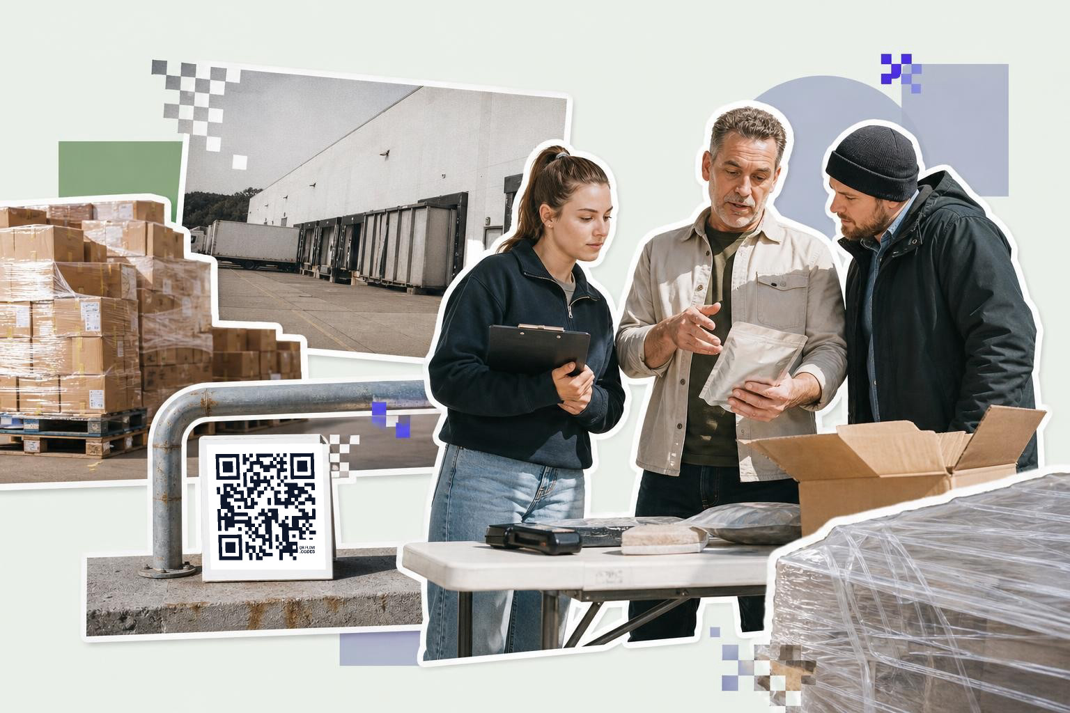 Three people examining a package at a table near a warehouse with a QR code on a barrier.