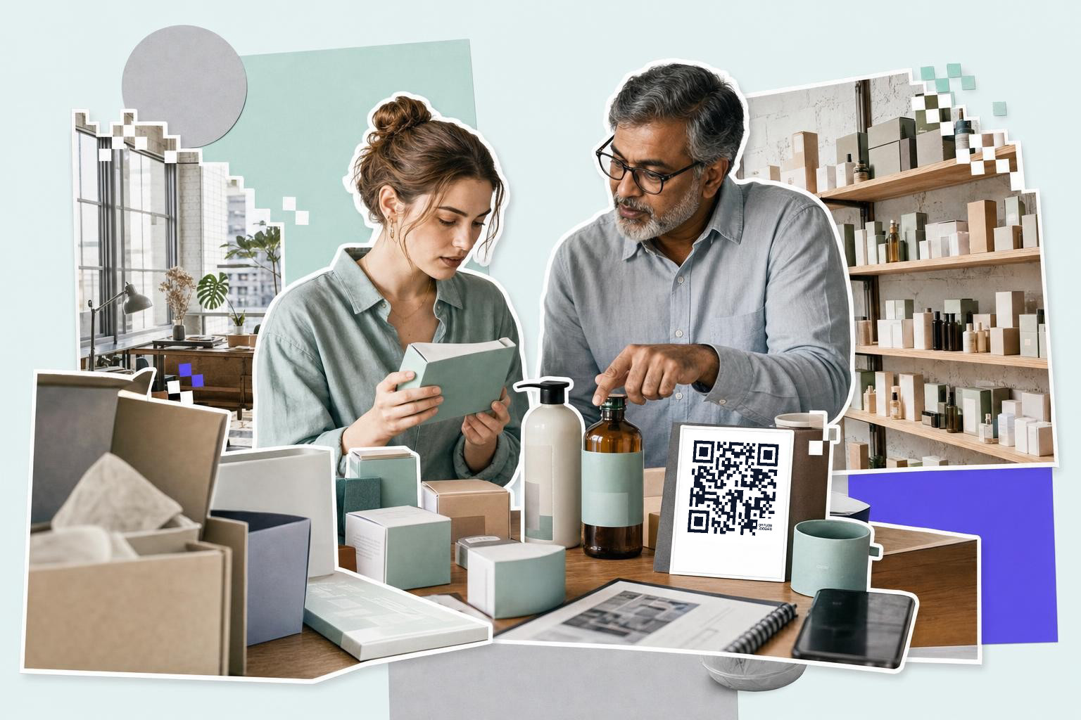 Two people examining packaging with a gs1 digital link QR code on a table in a store setting.