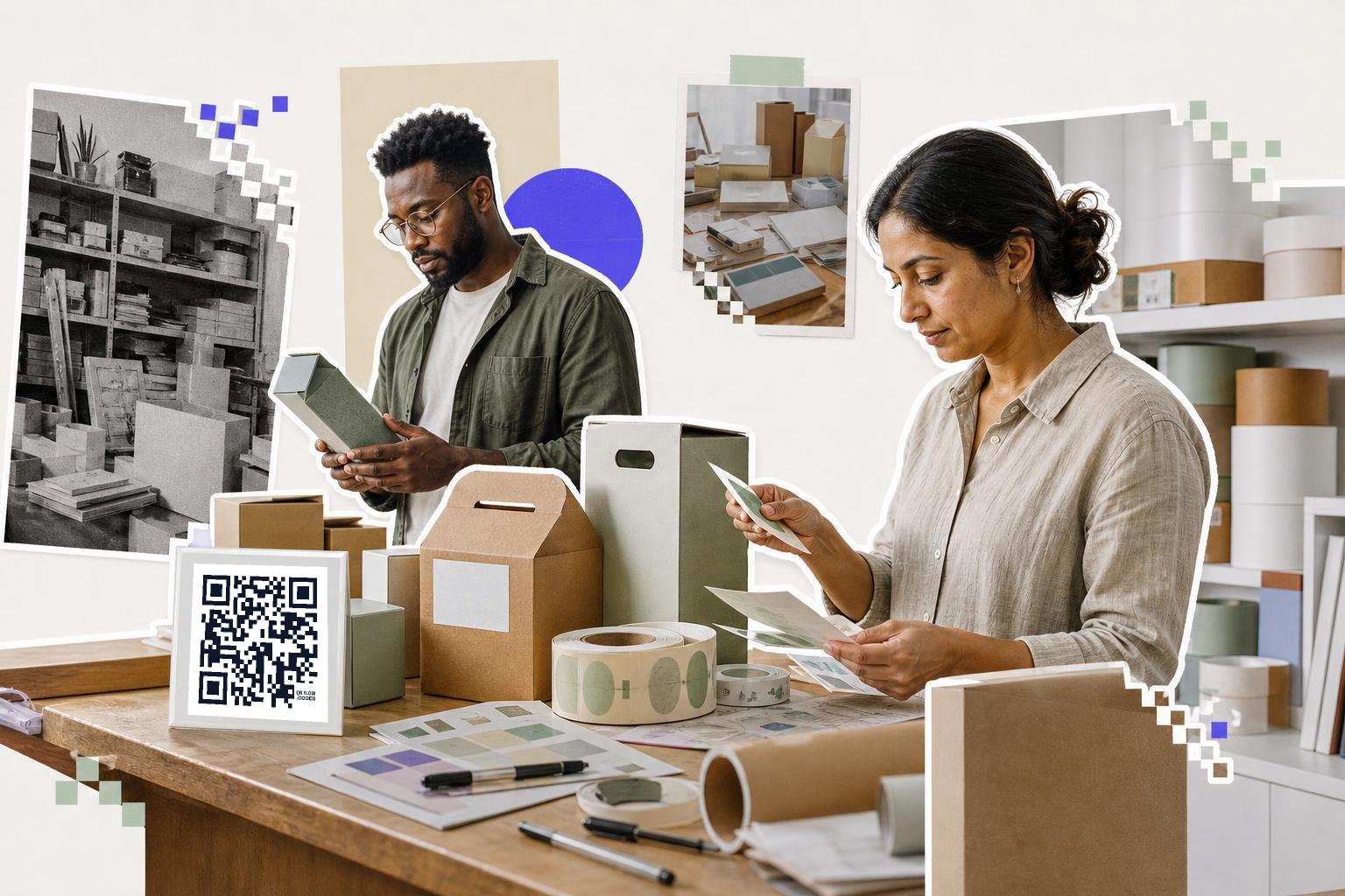 Two people examining packaging materials at a table with a QR code sign and shelves in the background.