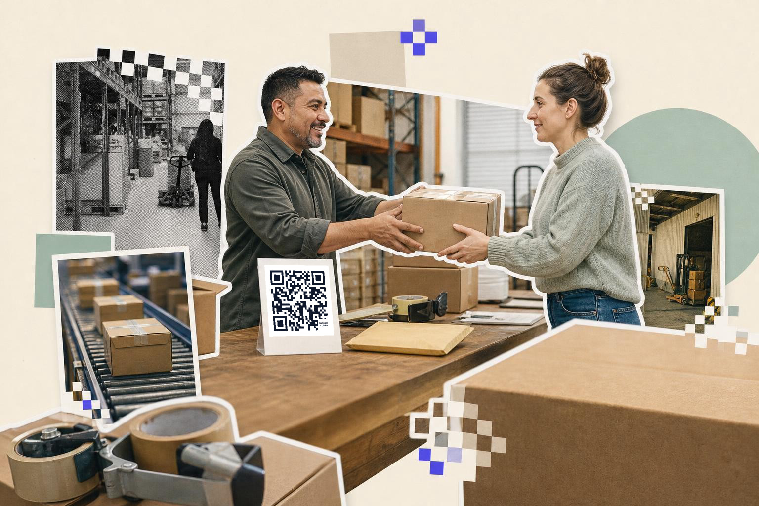Two people exchanging a package in a warehouse with a QR code on a table nearby.