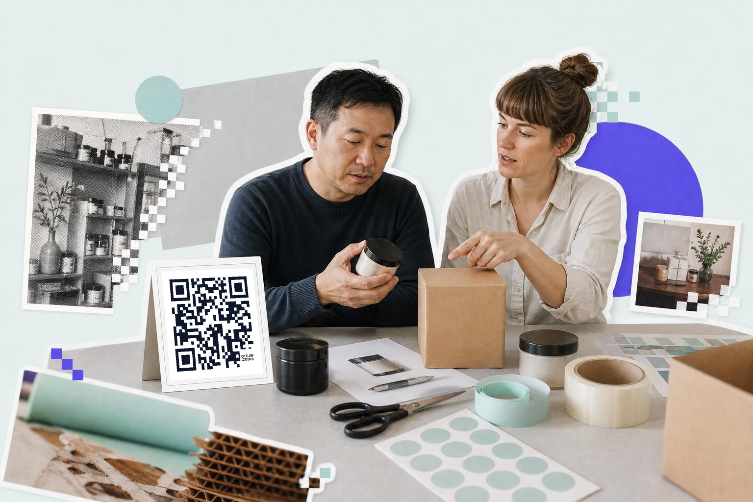 Two people at a table with packaging materials and a QR code card, discussing a product.
