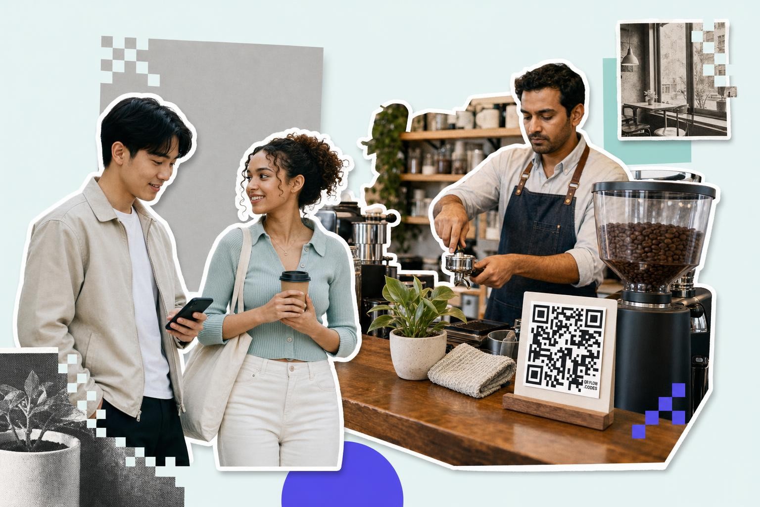 Barista prepares coffee while two people chat nearby, with a QR code to connect to WiFi on the counter.