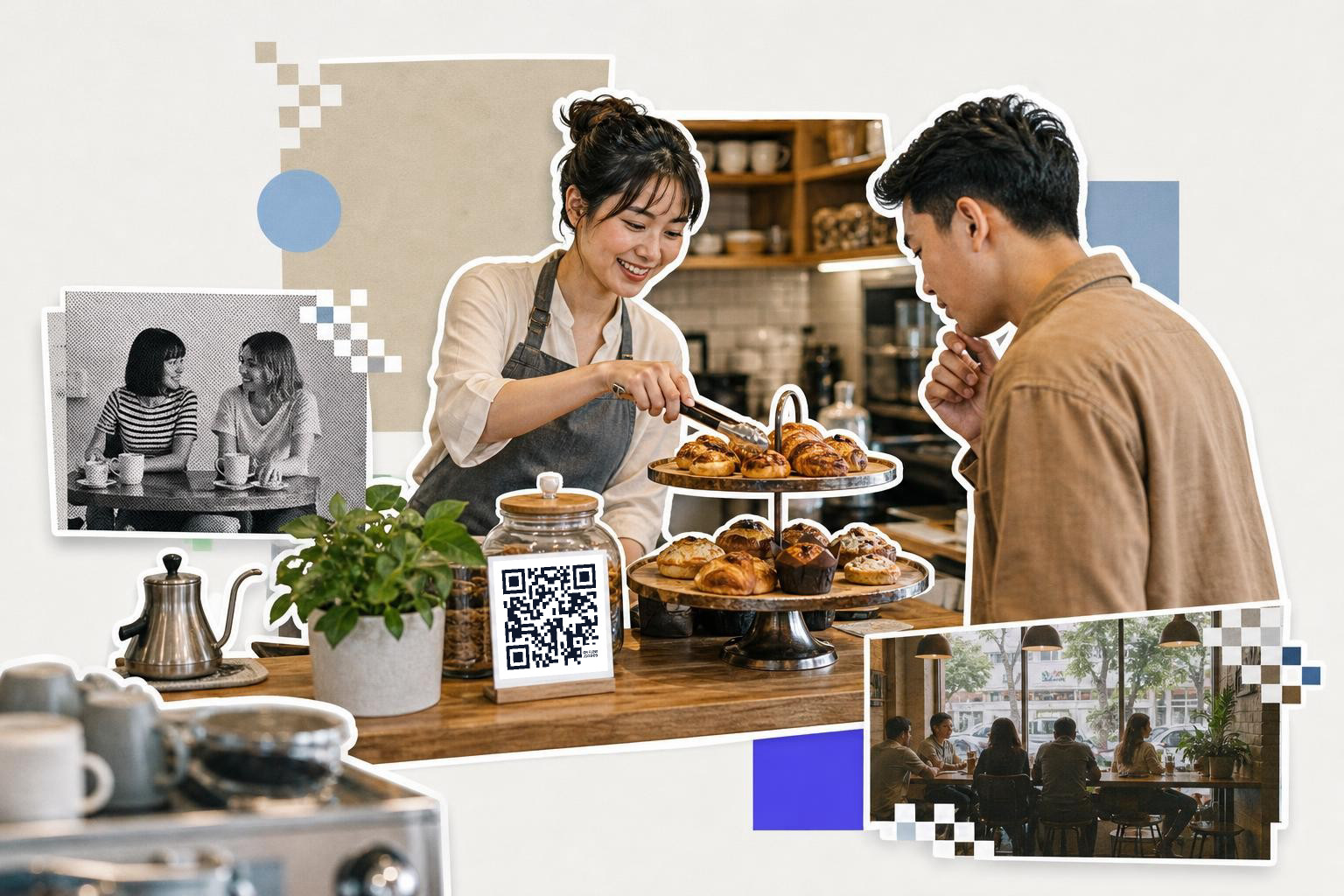 Barista serving pastries to a customer in a cafe with a QR code on a jar.