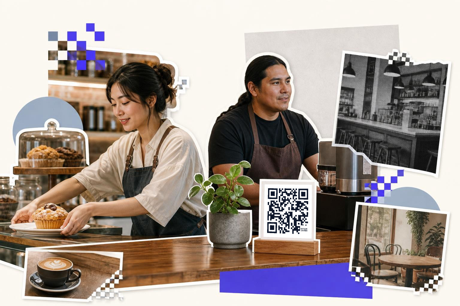 Two people in aprons work at a cafe counter with a QR code sign and pastries.