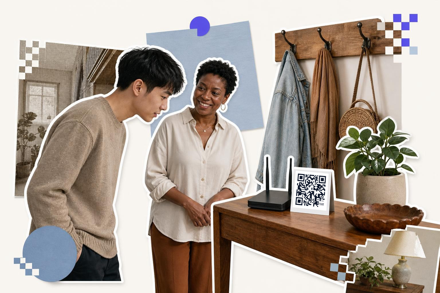 Two people smiling near a table with a QR code card, plant, and coat rack in a cozy room.