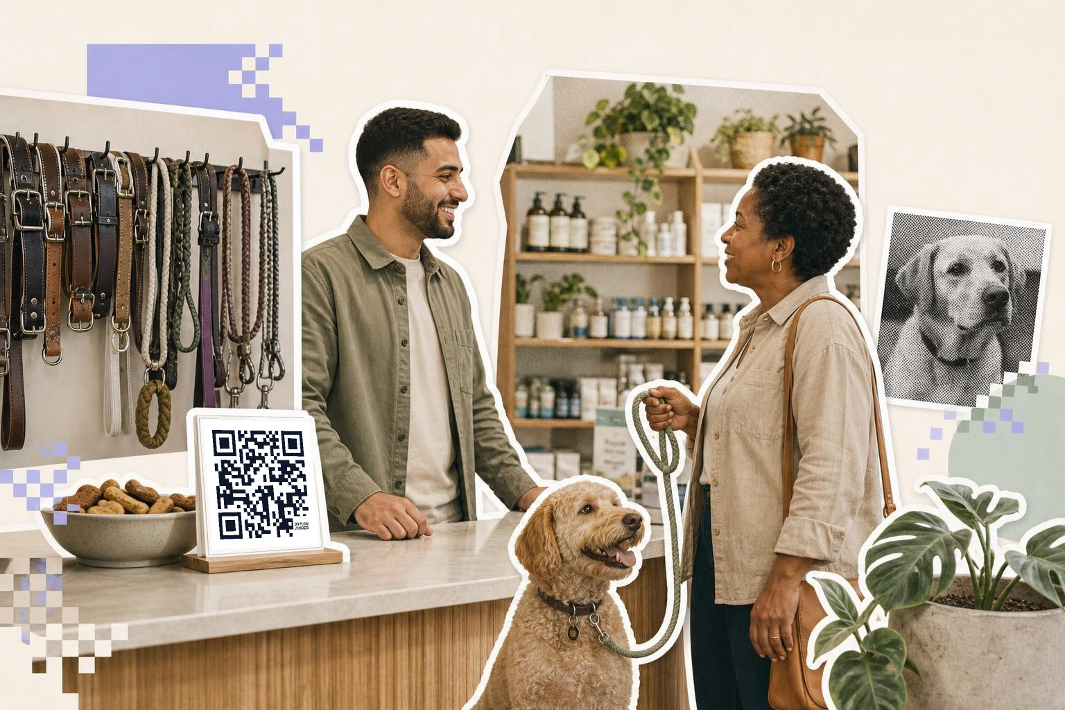 Two people with a dog in a pet store, QR code on counter, leashes on wall, plants around.