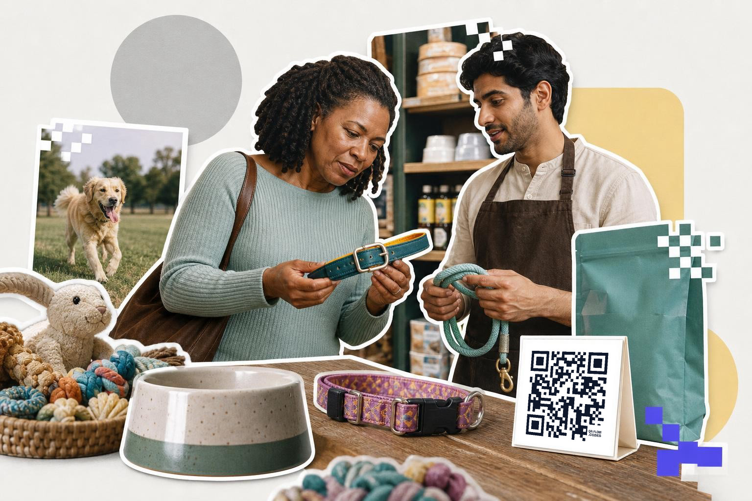 Two people in a pet store examining a dog collar with a QR code on the counter.