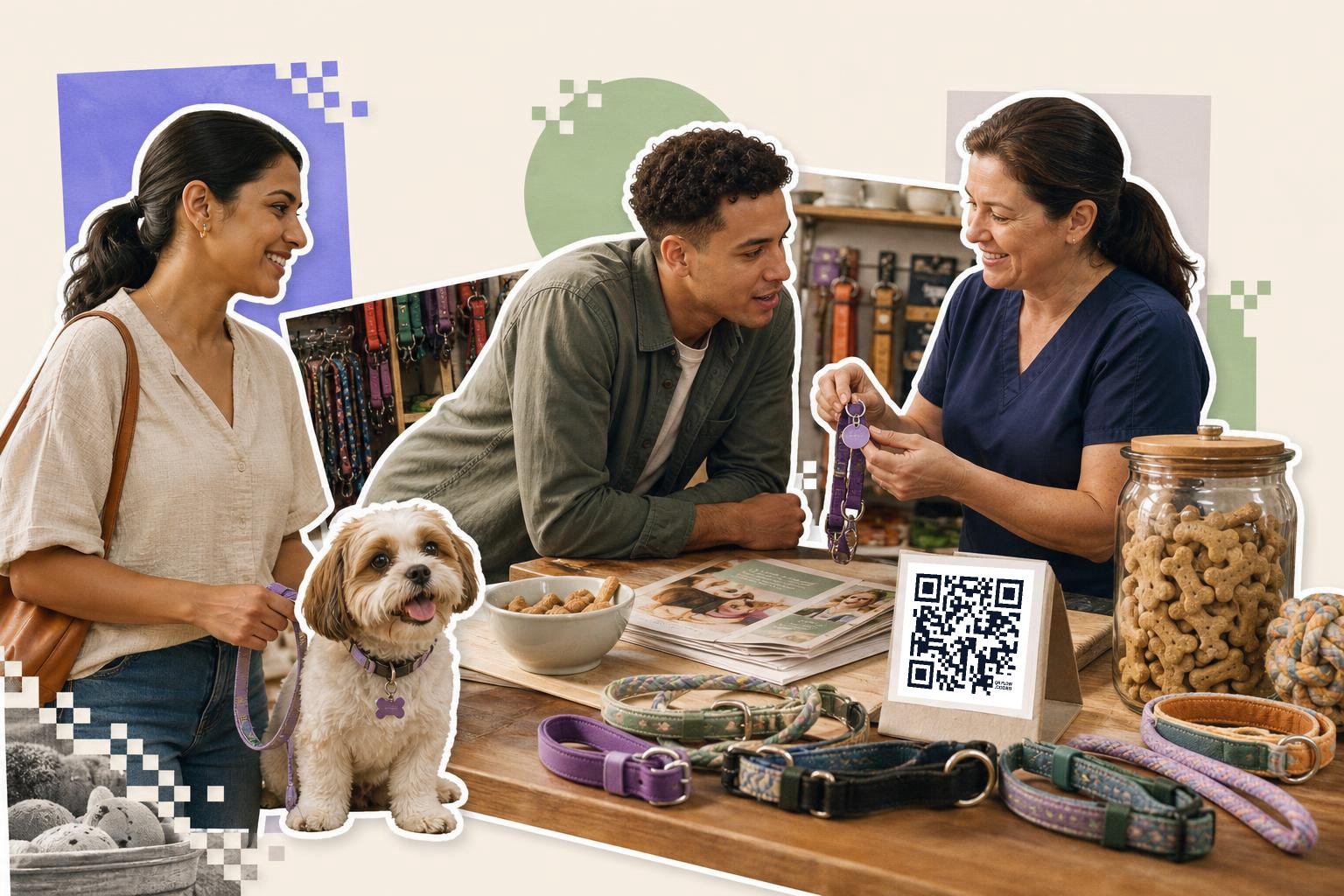 Woman with dog and man at pet store counter with QR code and dog collars displayed.