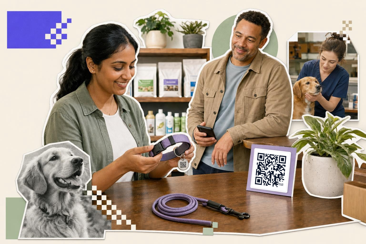 Woman holds dog collar with QR code tag, man watches, vet examines dog, plant and products in background.
