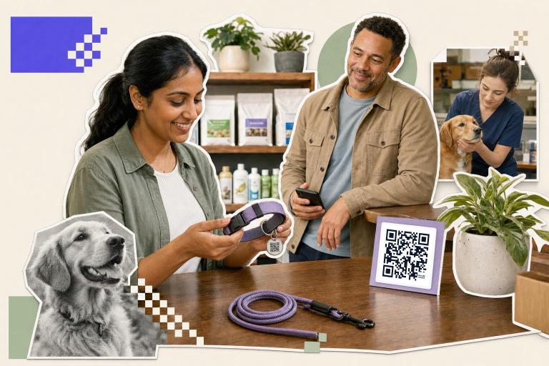 Woman holds dog collar with QR code tag, man watches, vet examines dog, plant and products in background.