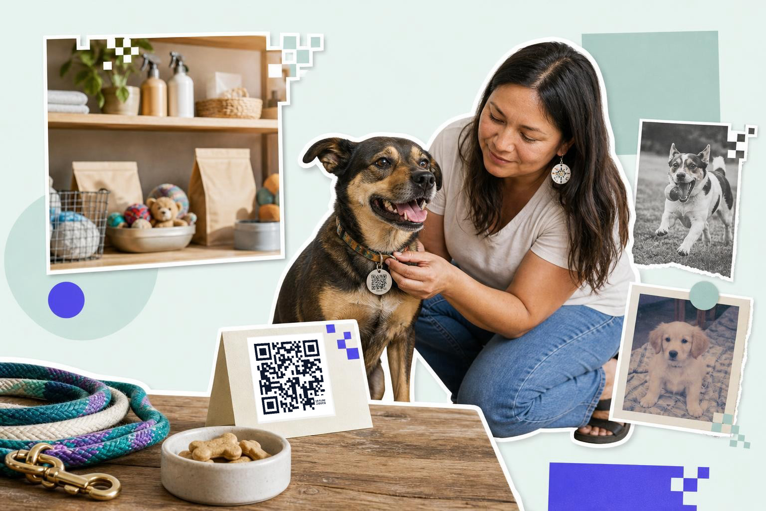 Woman kneeling beside a dog with a QR code card on a table, surrounded by pet photos.