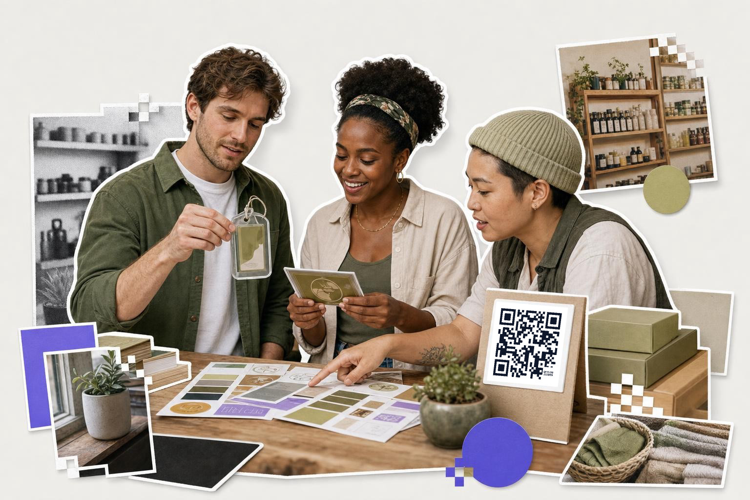 Three people discussing best materials for printing QR codes at a table with samples and a QR code card.